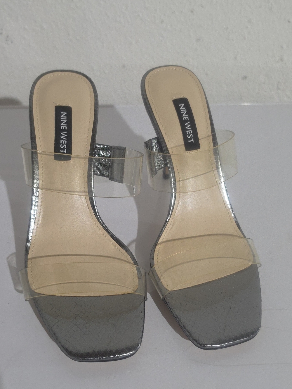 Nine West Silver Mule Sandals with Clear Straps